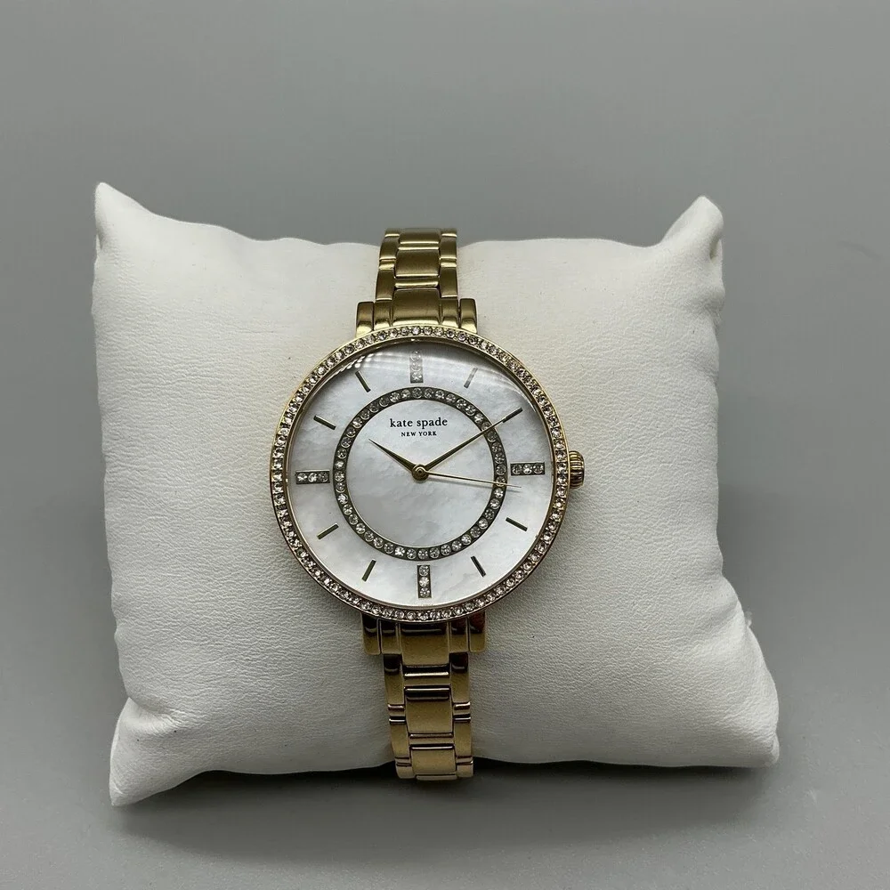 Kate Spade New York Womens Watch 34mm MOP Gold Tone Crystals New Battery 8.5